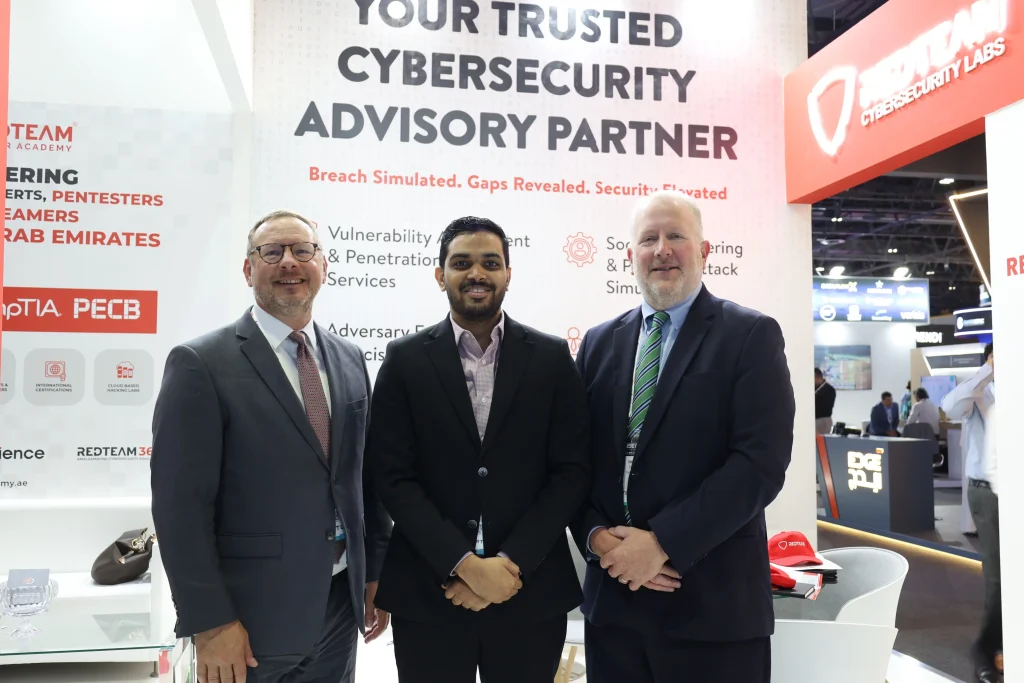 RedTeam Hacker Academy at GISEC Global 2025 exhibition booth showcasing cybersecurity training partnerships, leadership engagement, and industry collaboration in Dubai.