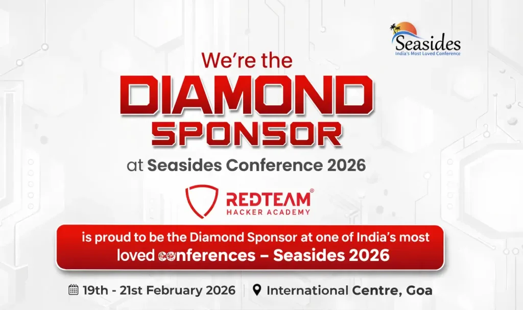 Cybersecurity Training SeasideS 2026 poster featuring REDTEAM Hacker Academy as Diamond Sponsor at SeasideS Conference 2026 in Goa, promoting ethical hacking and cybersecurity education.