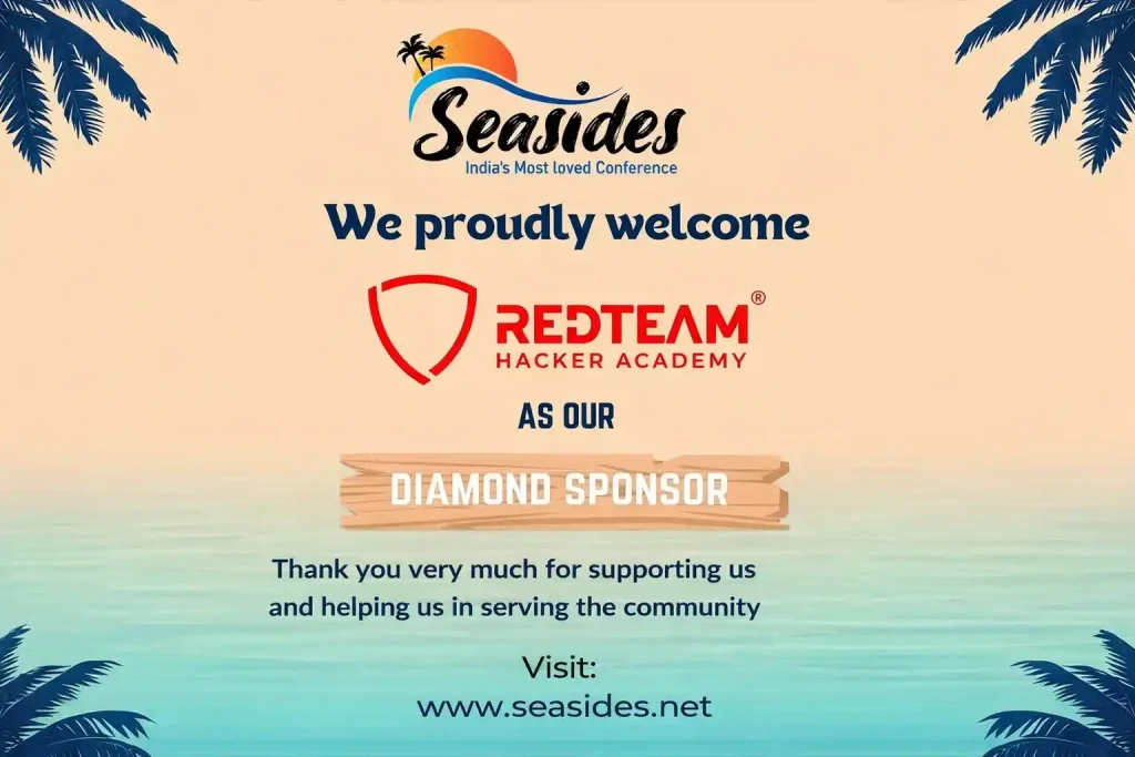 Cybersecurity Training SeasideS 2026 poster featuring REDTEAM Hacker Academy as Diamond Sponsor at SeasideS Conference 2026 in Goa, promoting ethical hacking and cybersecurity education.