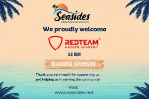 Cybersecurity Training SeasideS 2026 poster featuring REDTEAM Hacker Academy as Diamond Sponsor at SeasideS Conference 2026 in Goa, promoting ethical hacking and cybersecurity education.