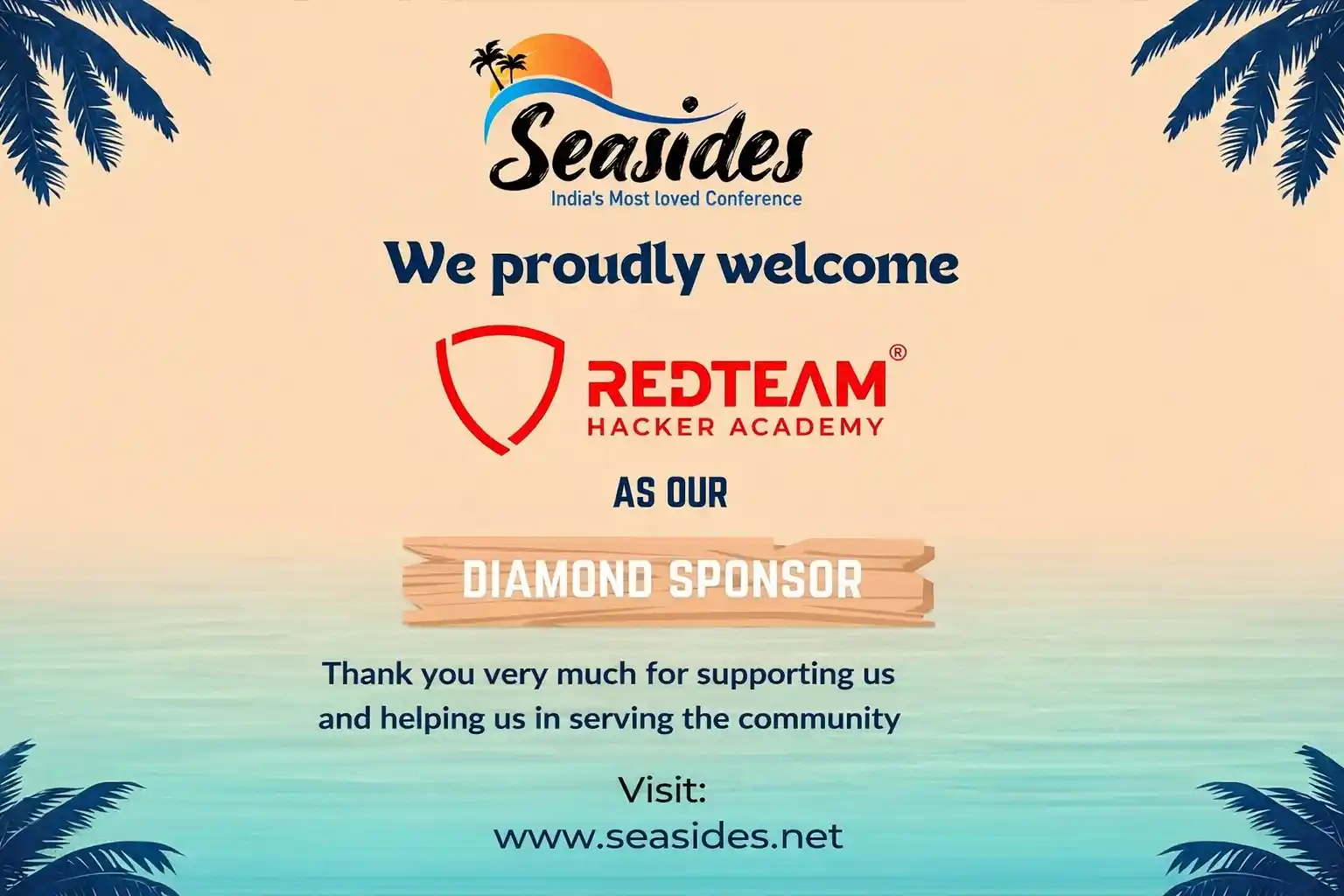 Cybersecurity Training SeasideS 2026 poster featuring REDTEAM Hacker Academy as Diamond Sponsor at SeasideS Conference 2026 in Goa, promoting ethical hacking and cybersecurity education.