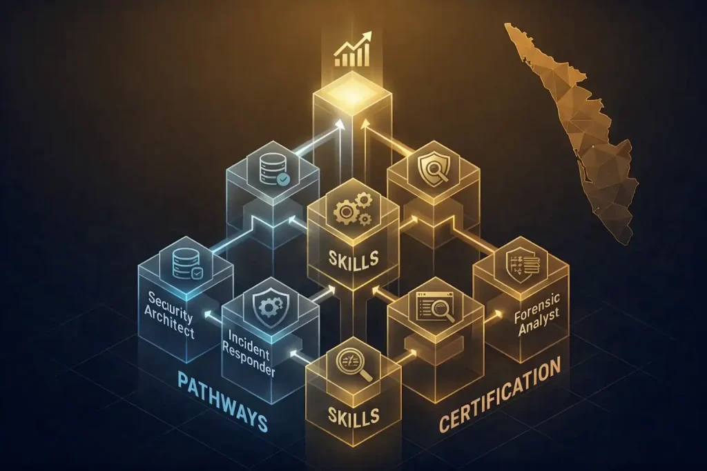 CyberSecurity Course in Kerala infographic showing skills, certification pathways, and career roles like security architect, incident responder, and forensic analyst.