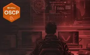 RedTeam OSCP training course featuring a cybersecurity professional performing penetration testing and ethical hacking in a security operations environment.